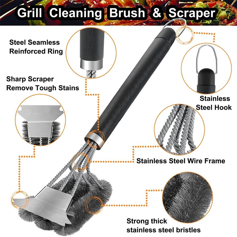 LMETJMA Safe Grill Brush and Scraper with Deluxe Handle 18 inch Grill Cleaner Brush Stainless Steel Bristle Grill Brush JT61