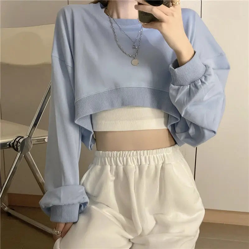 MEXZT Streetwear Women Sexy Solid Cropped Sweatshirts Oversize Loose Harajuku BF Pullovers Spring Korean Chic Casual Y2k Tops