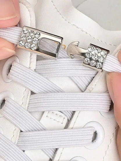 Fashion Elastic No Tie Shoelaces Rhinestone Cross Lock Tieless Shoelace Flat Shoe Laces Suitable for Sneakers and Athletic Shoes