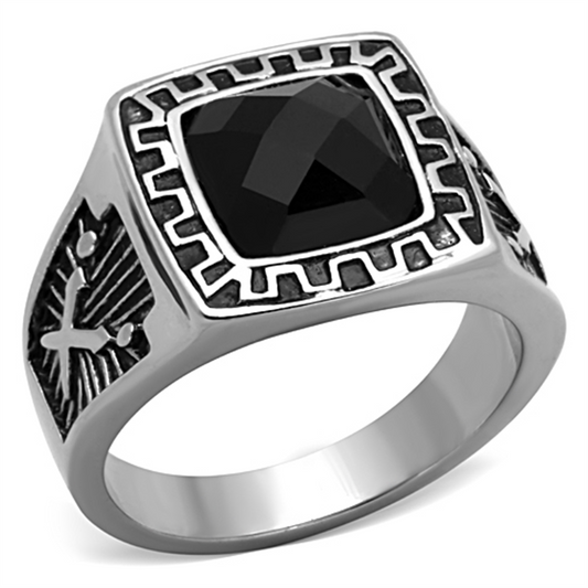 TK1356 - High polished (no plating) Stainless Steel Ring with Synthetic Synthetic Glass in Jet